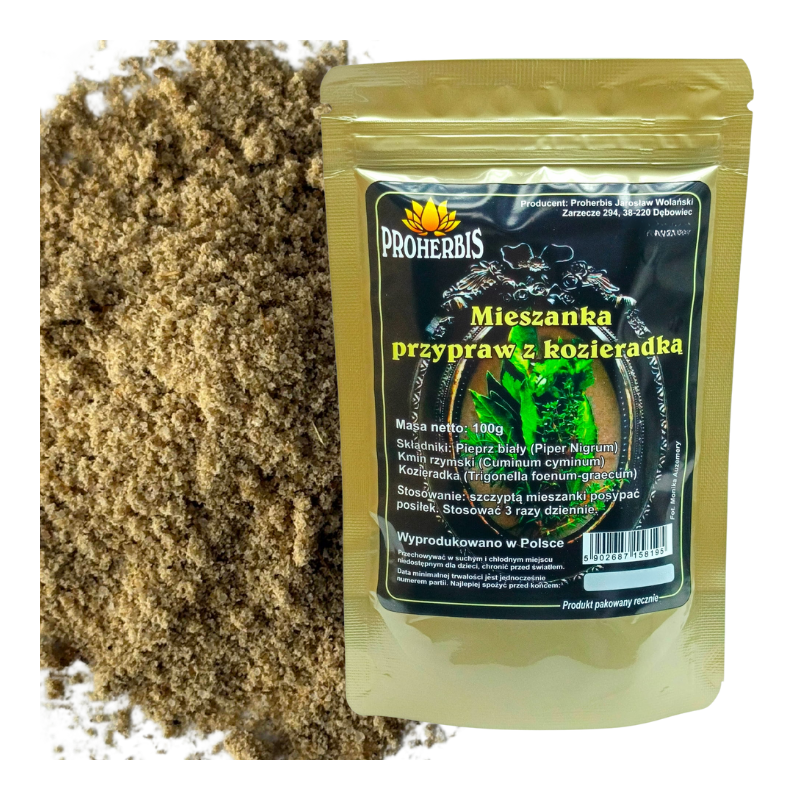 Mieszanka przypraw z kozieradką 100g – naturalny dodatek do mięs, warzyw i zup