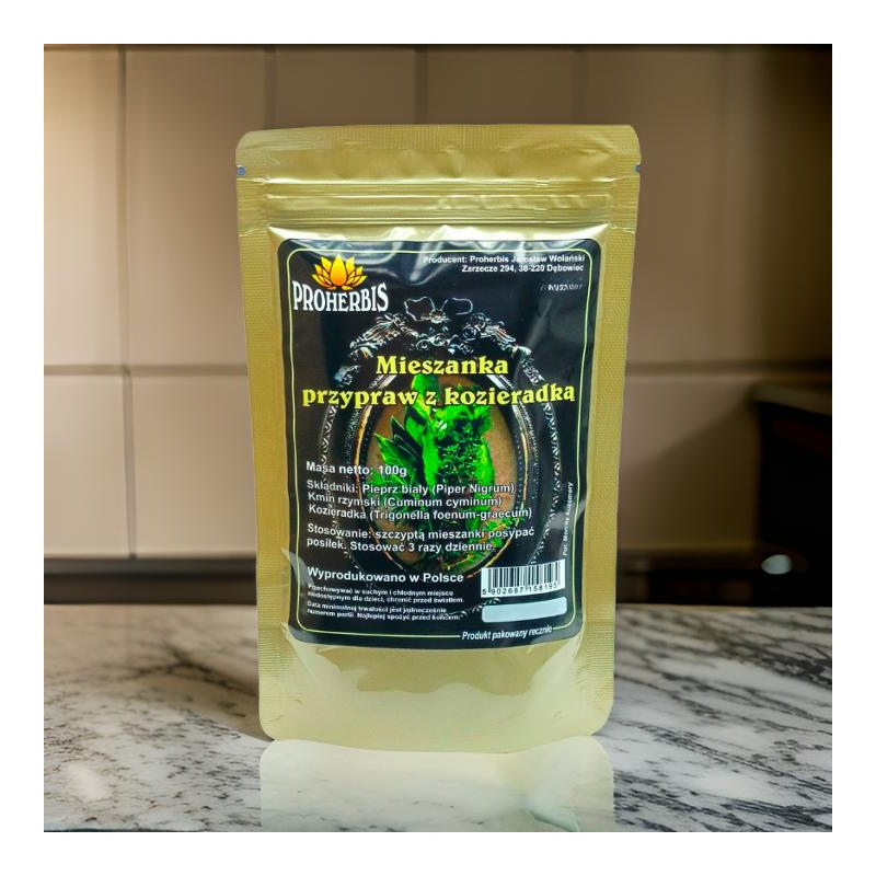Mieszanka przypraw z kozieradką 100g – naturalny dodatek do mięs, warzyw i zup