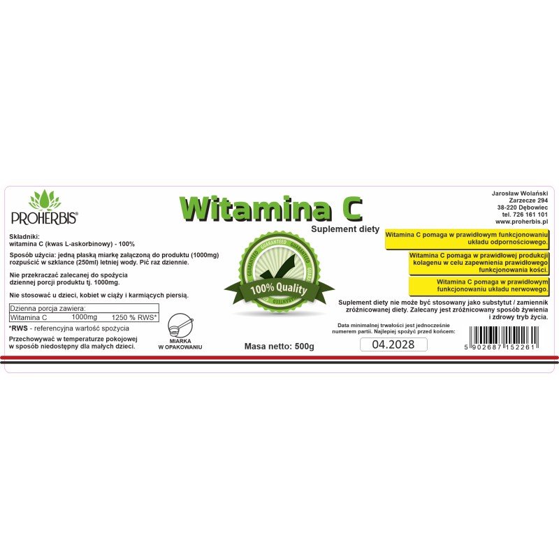 Witamina C Kwas L-askorbinowy WSPARCIE ODPORNOŚCI 500g suplement diety