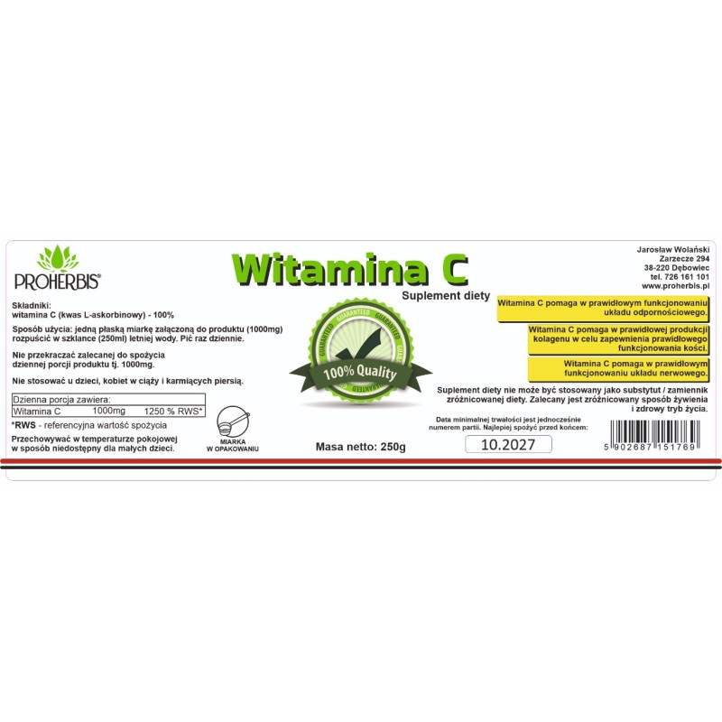 Witamina C Kwas L-askorbinowy WSPARCIE ODPORNOŚCI 250g suplement diety