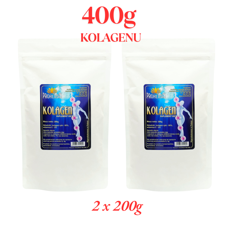 Kolagen rybi 400g (2x200g) proszek z wit. C na stawy skórę włosy Proherbis