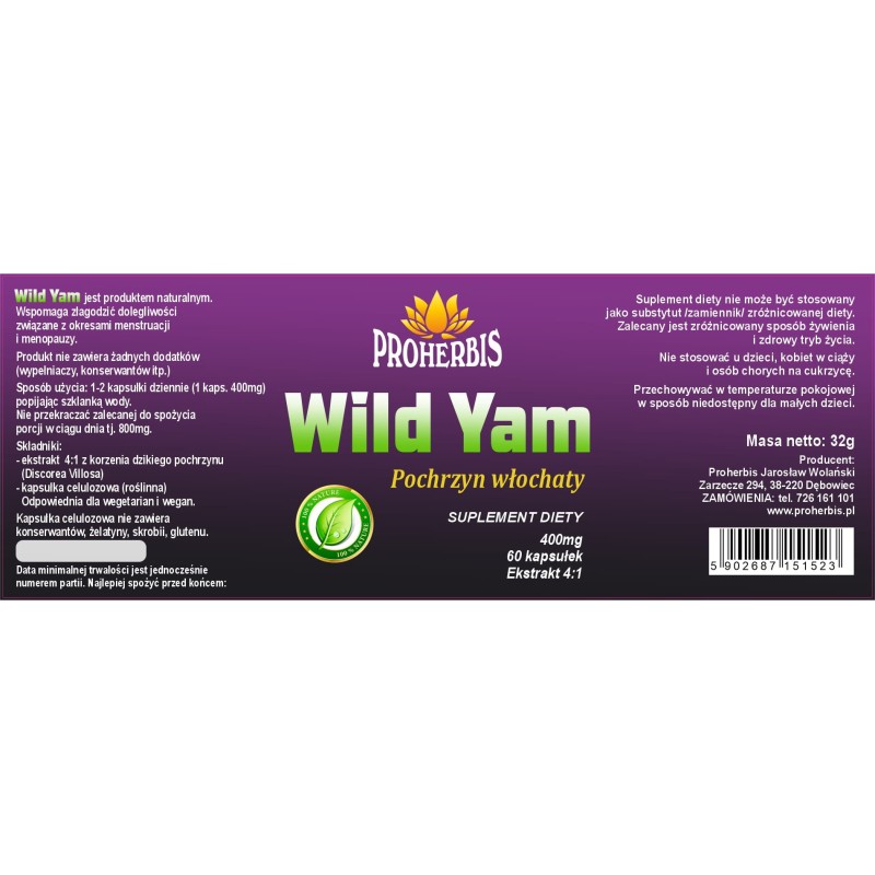 Proherbis Wild Yam Pochrzyn Włochaty 60 kapsułek kobieca równowaga