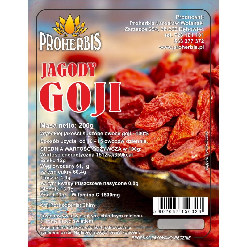 Jagody Goji 200g Proherbis naturalne superfood antyoksydanty