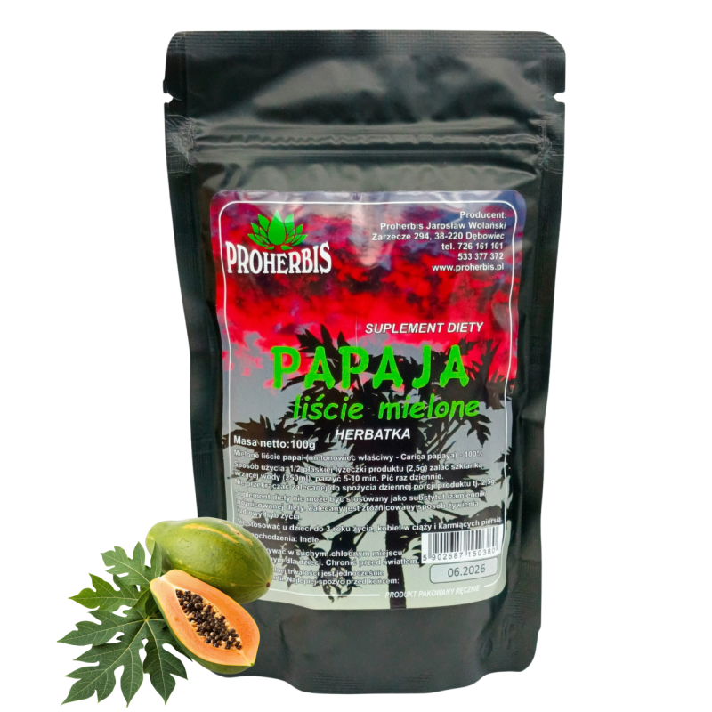 Liście Papai Mielone 100g Proherbis trawienie antyoksydanty