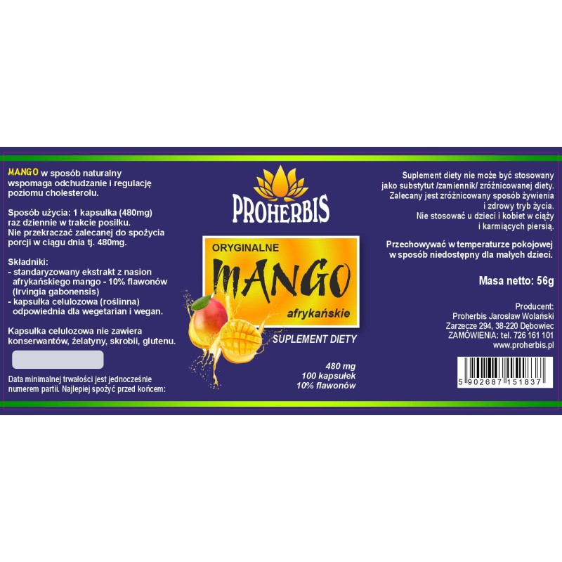 Mango afrykańskie 100 kapsułek Proherbis dla osób dbających o sylwetkę