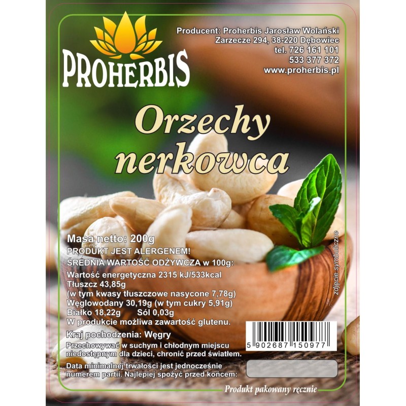 Orzechy nerkowca 200g Proherbis naturalne niesolone