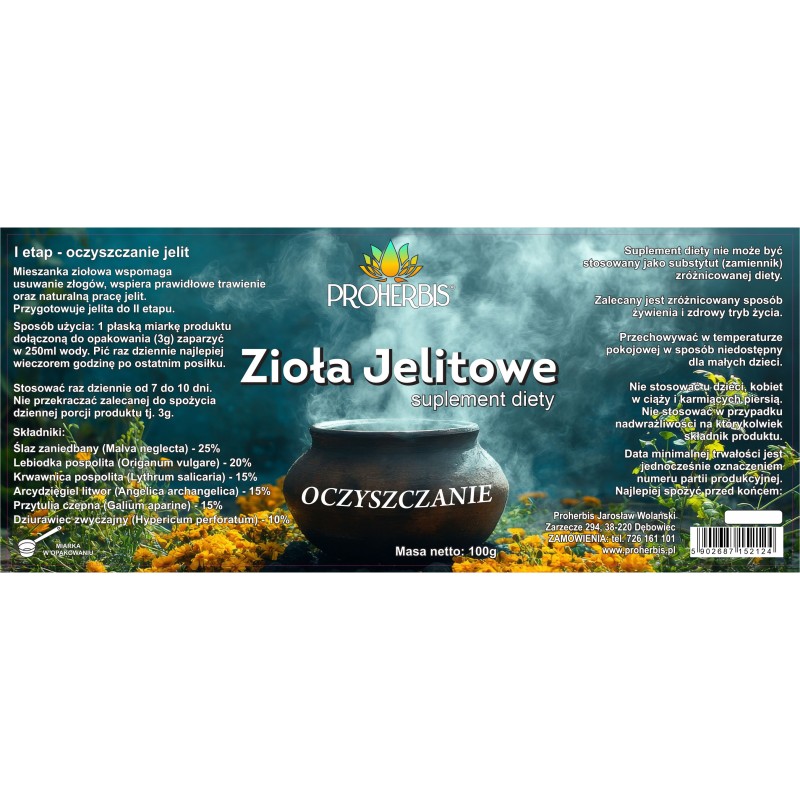 Zioła Jelitowe OCZYSZCZANIE 100g suplement diety mieszanka ziołowa Proherbis