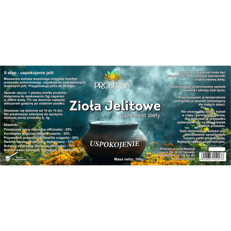 Zioła Jelitowe USPOKOJENIE 100g suplement diety mieszanka ziołowa Proherbis