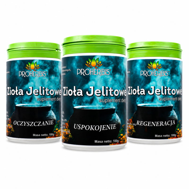 Zioła Jelitowe PROHERBIS zestaw 3x100g Oczyszczanie Uspokojenie Regeneracja