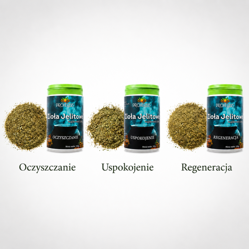 Zioła Jelitowe PROHERBIS zestaw 3x100g Oczyszczanie Uspokojenie Regeneracja