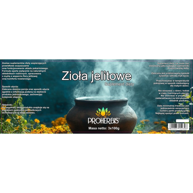 Zioła Jelitowe PROHERBIS zestaw 3x100g Oczyszczanie Uspokojenie Regeneracja