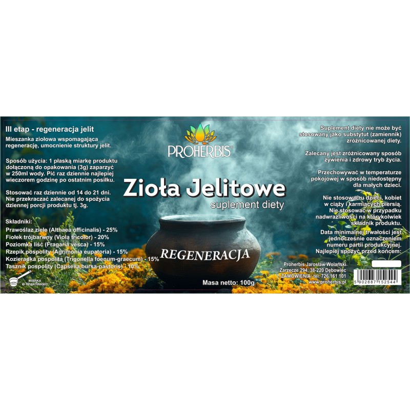 Zioła Jelitowe REGENERACJA 100g suplement diety mieszanka ziołowa Proherbis