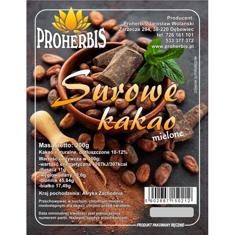 Kakao mielone 200g Proherbis NATURALNE ZDROWE dodatek do wypieków