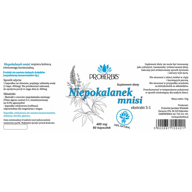 Niepokalanek ekstrakt 5:1 60 kaps 400mg Proherbis suplement diety