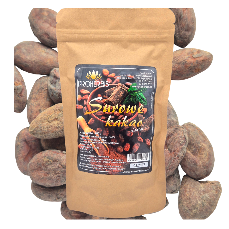 Kakao surowe ziarno 200g Proherbis – 100% naturalne, nieprażone